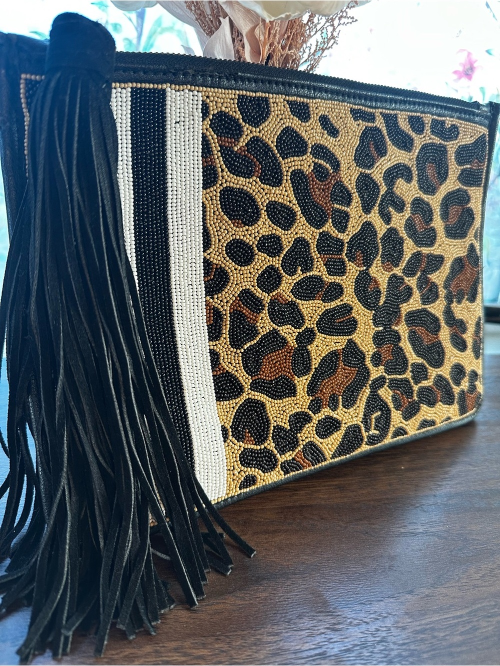 Sam Edelman Leopard Seed Bead Clutch Oversized Suede Fringe Tassel rare find